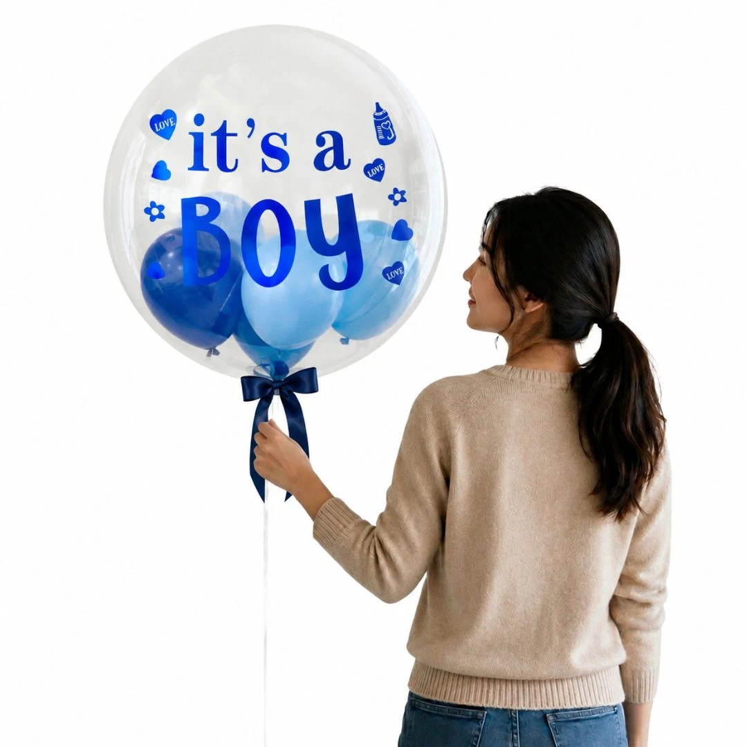 It's A Boy Balloon with mini balloons inside a giant transparent balloon for newborn baby boy celebrations in Subang Jaya by Giftlab Malaysia.