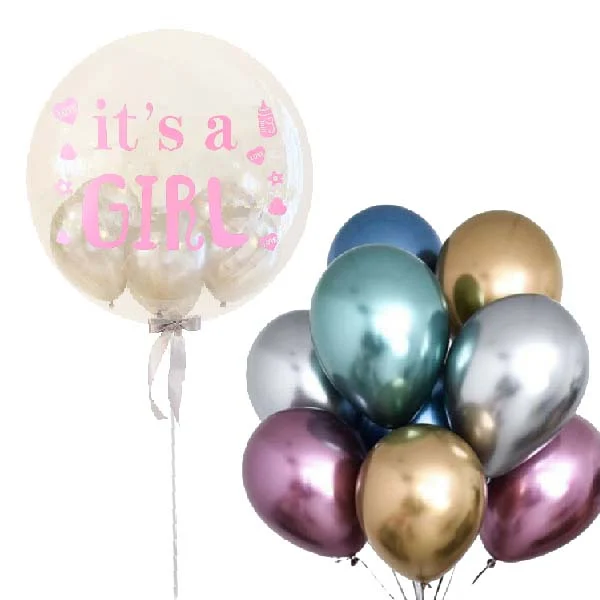 It's a Girl Bubble Helium Balloon Bouquet featuring a giant 24-inch transparent bubble balloon with metallic helium balloons for newborn baby delivery in Damansara PJ and Klang Valley by Giftlab Malaysia.