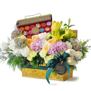 Mooncake Abundance luxury flower arrangement with assorted mooncakes, for Mid-Autumn Festival delivery in Malaysia