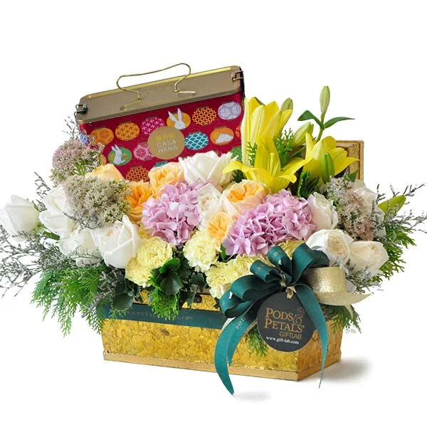 Mooncake Abundance luxury flower arrangement with assorted mooncakes, for Mid-Autumn Festival delivery in Malaysia