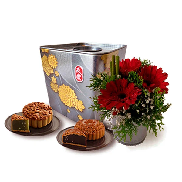 Mooncake Bliss gift - Yu Ai Halal mooncakes with red Gerberas flower for Mid-Autumn Festival Malaysia