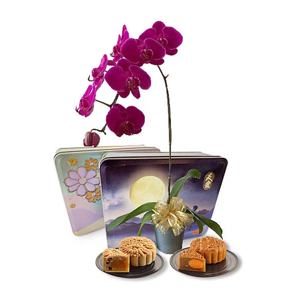 Mooncake Bloom live Phalaenopsis Orchid gift with Yu Ai Halal assorted mooncakes for Mid-Autumn Festival Malaysia