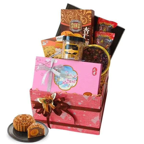 Mooncake Galore Mid-Autumn gift hamper with Yu Ai Halal mooncakes, almond cake, rose bud tea and festive treats for delivery in Malaysia