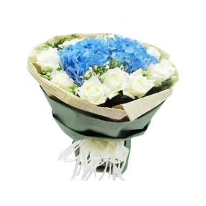 Poisy Hydrangea imported blue hydrangea and white rose bouquet with premium wrapping by Giftlab Malaysia