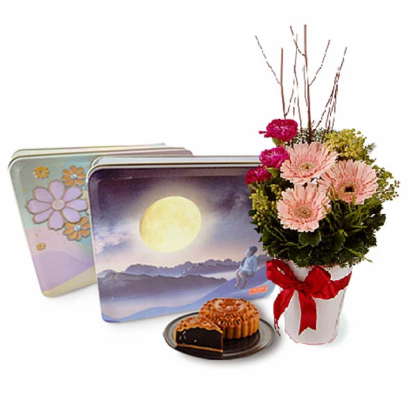 Precious Lunar mooncake and flower gift - Yu Ai halal assorted mooncakes with Gerberas flower