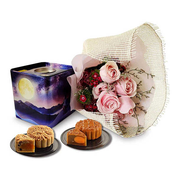 Rosy Mooncake gift featuring pink rose bouquet with Yu Ai Halal mooncakes for Mid-Autumn Festival Malaysia