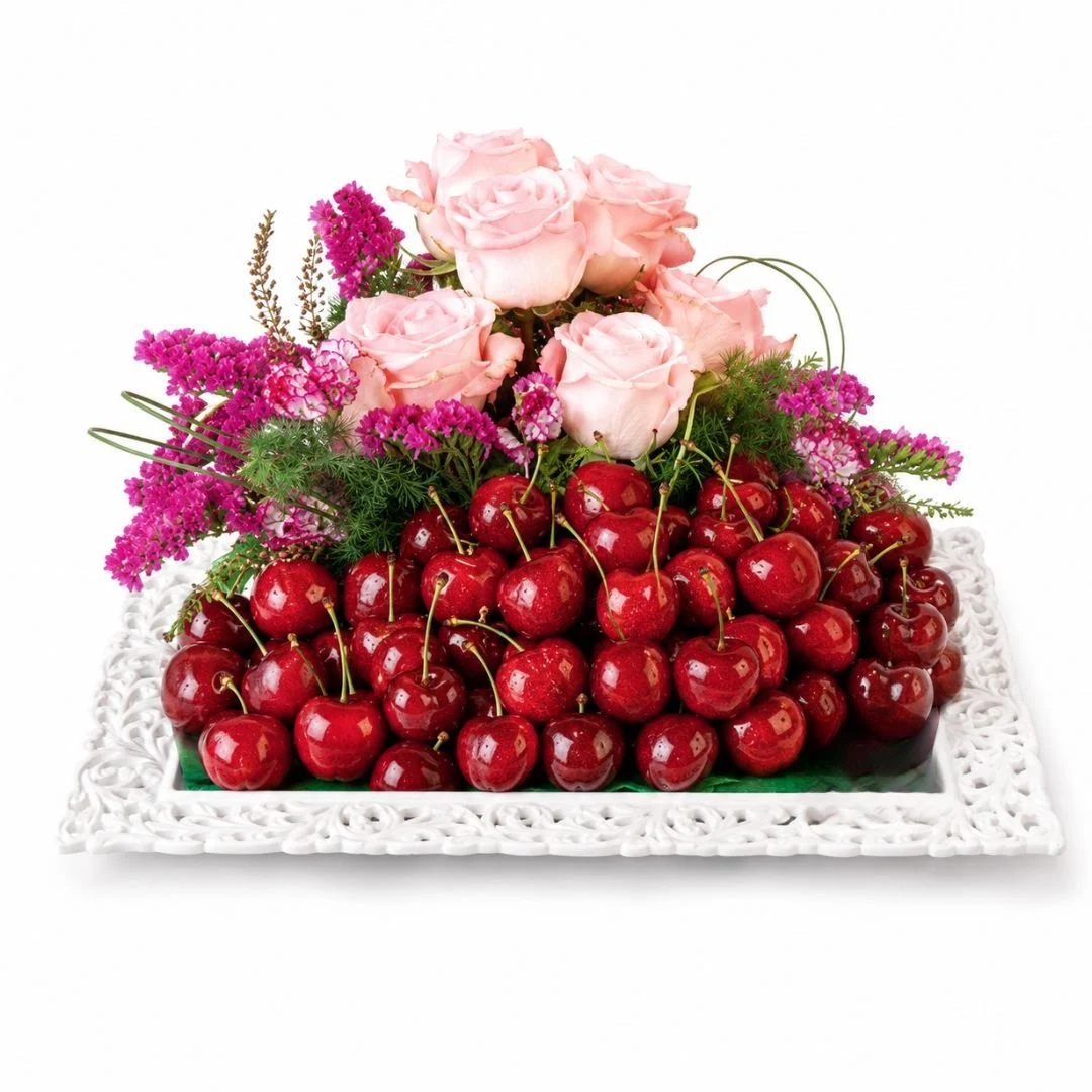 Premium Cherry Gift Tray with imported sweet cherries and fresh roses in porcelain keepsake tray by Giftlab Malaysia
