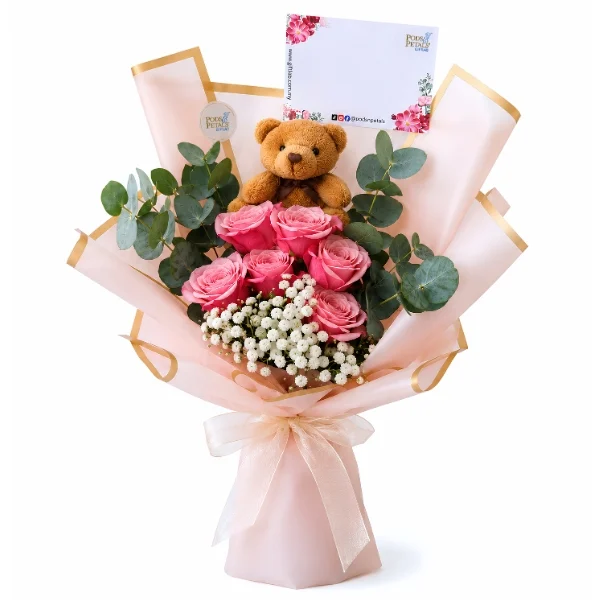 Sweet Teddy Roses Flower Bouquet with Teddy Bear & Flowers for birthday, graduation and congratulations delivery in Kuala Lumpur.