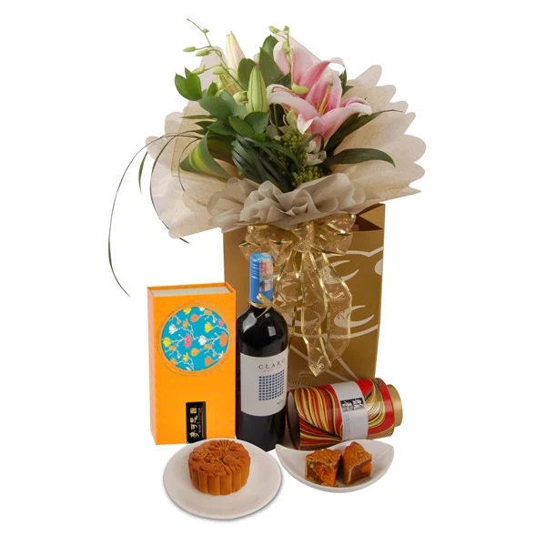 Winery Lunar mooncake wine gift with Wolf Blass Cabernet Sauvignon, Yu Ai Halal mooncakes, Rose Bud Tea and pink Stargazer lily bouquet for Mid-Autumn Festival delivery in Malaysia