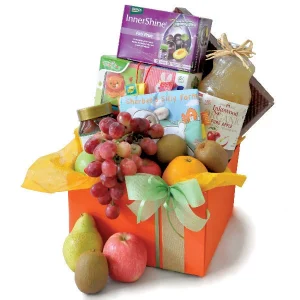 Baby and Mother wellness gift hamper with organic apple juice, InnerShine, honey, baby activity playbook, learning blocks and fresh fruits.