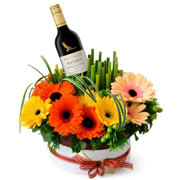 Wolf Blass Bilyara Shiraz with fresh Gerberas flowers. Petaling Jaya Giftlab.