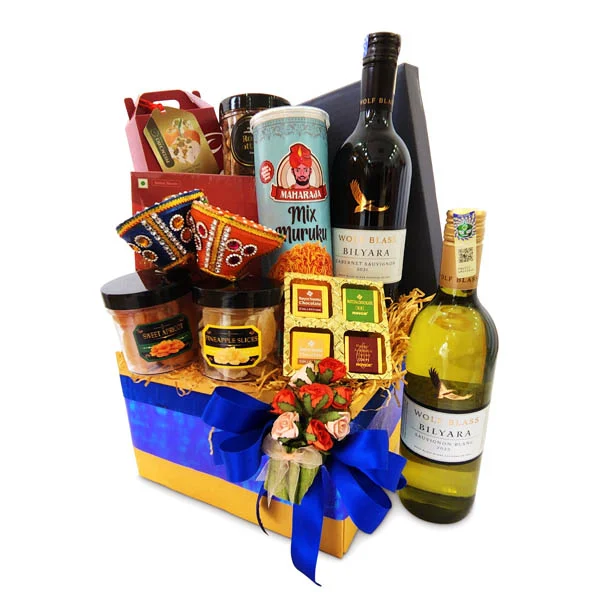 Laality premium Deepavali hamper with Wolf Blass, Indian sweets, snacks and festive Diyas