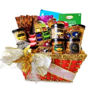 Karishme premium Deepavali halal vegetarian hamper with ROYCE and Leonidas chocolates, Indian snacks, dried fruits and Diyas