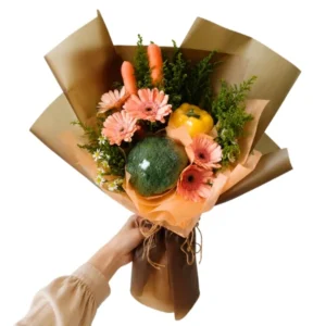 Vegetable and flower bouquet with fresh vegetables and Gerberas. PJ Delivery