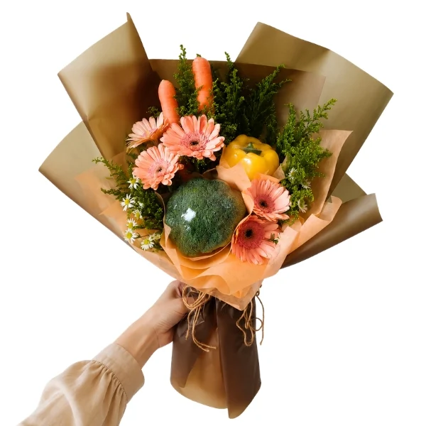 Vegetable and flower bouquet with fresh vegetables and Gerberas. PJ Delivery