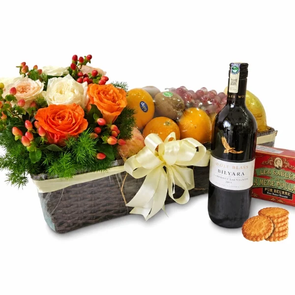 Wolf Blass wine gift hamper with fresh fruits, flowers and French lemon shortbread