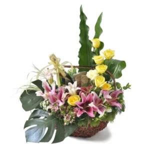 Moët & Chandon Champagne with Leonidas chocolates and fresh flowers in gift basket