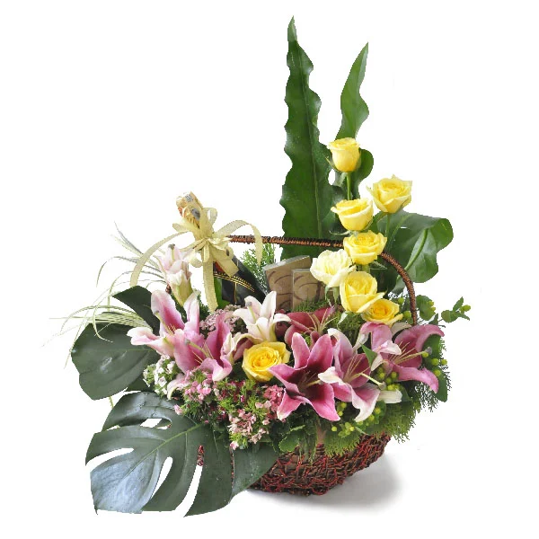 Moët & Chandon Champagne with Leonidas chocolates and fresh flowers in gift basket