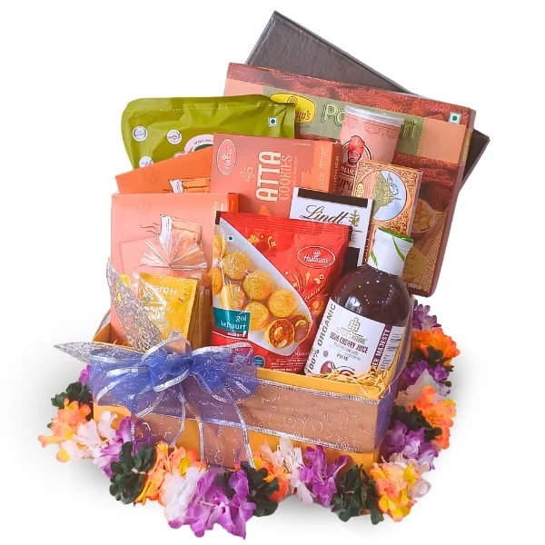 Vegetarian Deepavali gift hamper with organic sour cherry juice, Lindt chocolate and Indian festive snacks. Malaysia Delivery.