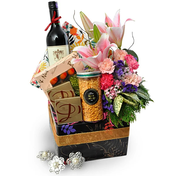 Sathutu Deepavali sweets and flowers gift hamper with Wolfblass Cabernet Sauvignon
