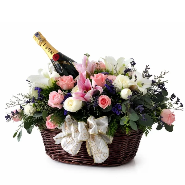 Moët & Chandon Champagne flower basket with pink white yellow and lavender flowers