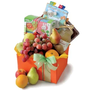 Early learning baby gift hamper with activity cloth playbook, learning blocks, organic apple juice and fresh fruits.