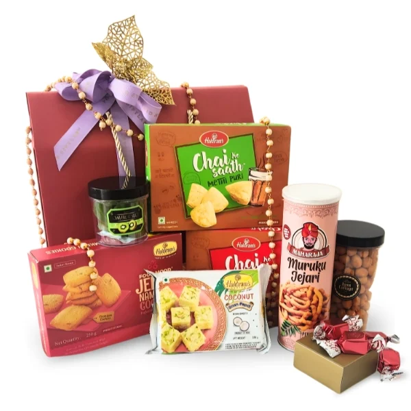 Aasikal Deepavali Indian vegetarian hamper with Haldiram snacks, Soan Papdi, Murukku and festive treats