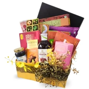Indian Deepavali hamper with organic pomegranate juice, Godiva and Lindt chocolates and Indian snacks
