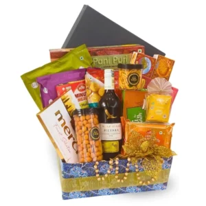 Bakthi Deepavali Indian vegetarian gift hamper with Wolf Blass wine and traditional Indian treats