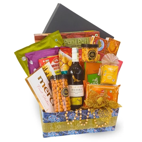 Bakthi Deepavali Indian vegetarian gift hamper with Wolf Blass wine and traditional Indian treats