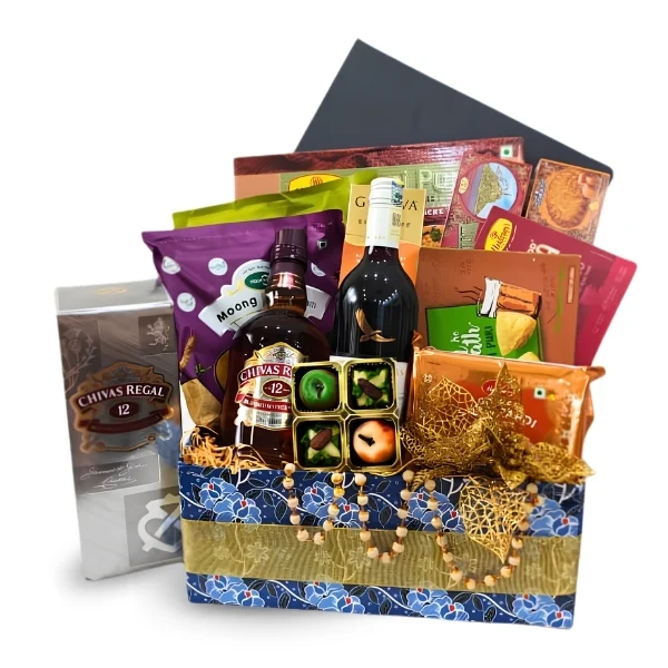 Mikuthi Deepavali Chivas whisky and Wolfblass wine gourmet hamper with Indian festive treats