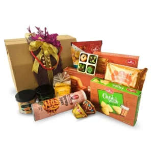 Anbu Deepavali Indian vegetarian hamper with Haldiram snacks, Soan Papdi, Murukku and dried fruits