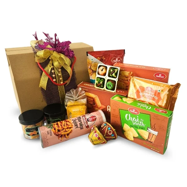 Anbu Deepavali Indian vegetarian hamper with Haldiram snacks, Soan Papdi, Murukku and dried fruits