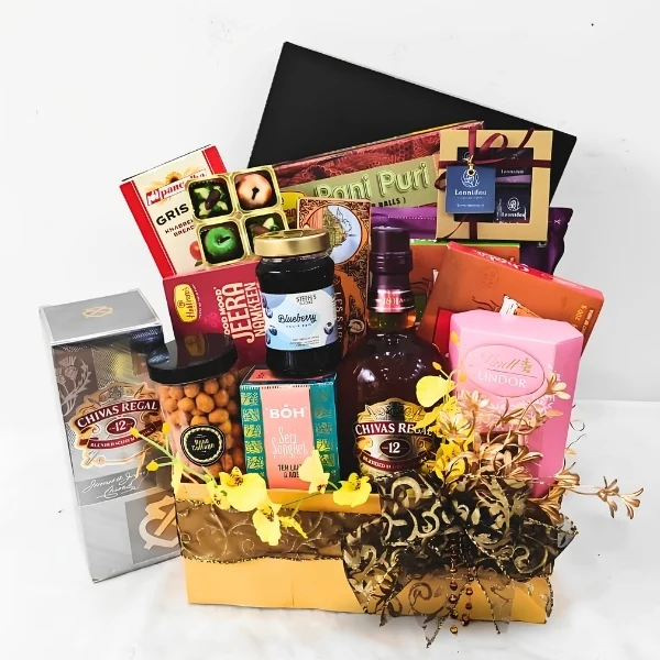 Narpani Deepavali Chivas Regal whisky hamper with Leonidas, Lindt chocolates and Indian festive treats