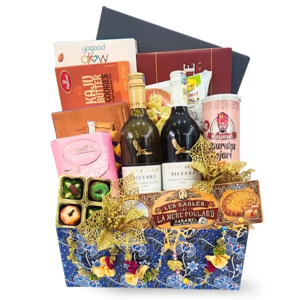 Deepavali wine gift hamper with two Wolfblass Bilyara wines, Lindt chocolate and Indian festive treats