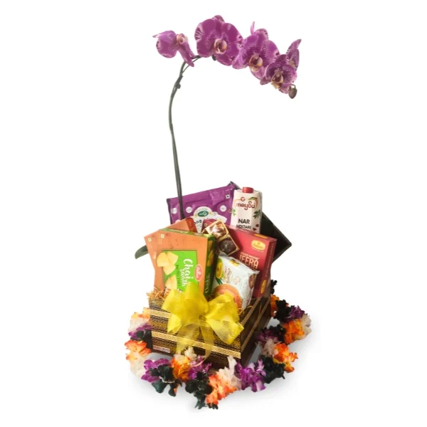 Selippu Deepavali vegetarian hamper with live purple Phalaenopsis Orchid and Indian festive treats