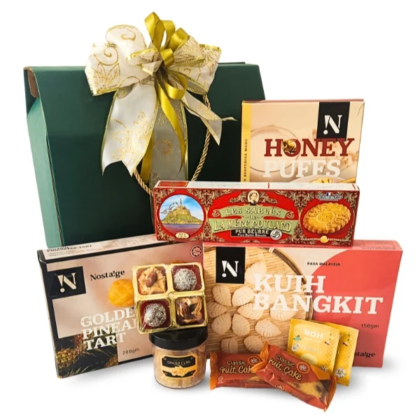 Amanah Halal Hari Raya gift hamper with Kuih Bangkit, pineapple tart, La Mère Poulard cookies and festive treats