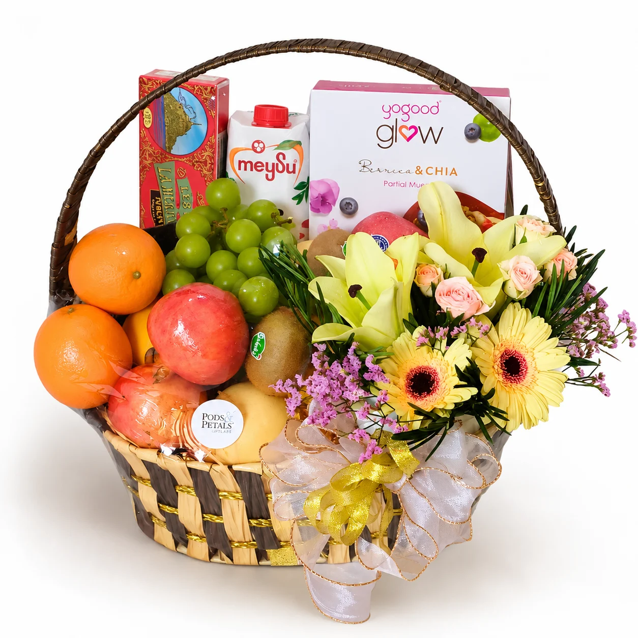 Care Crate get well soon fruit basket with fresh fruits, flowers, Pomegranate Juice, Yogood Muesli and La Mère Poulard cookies