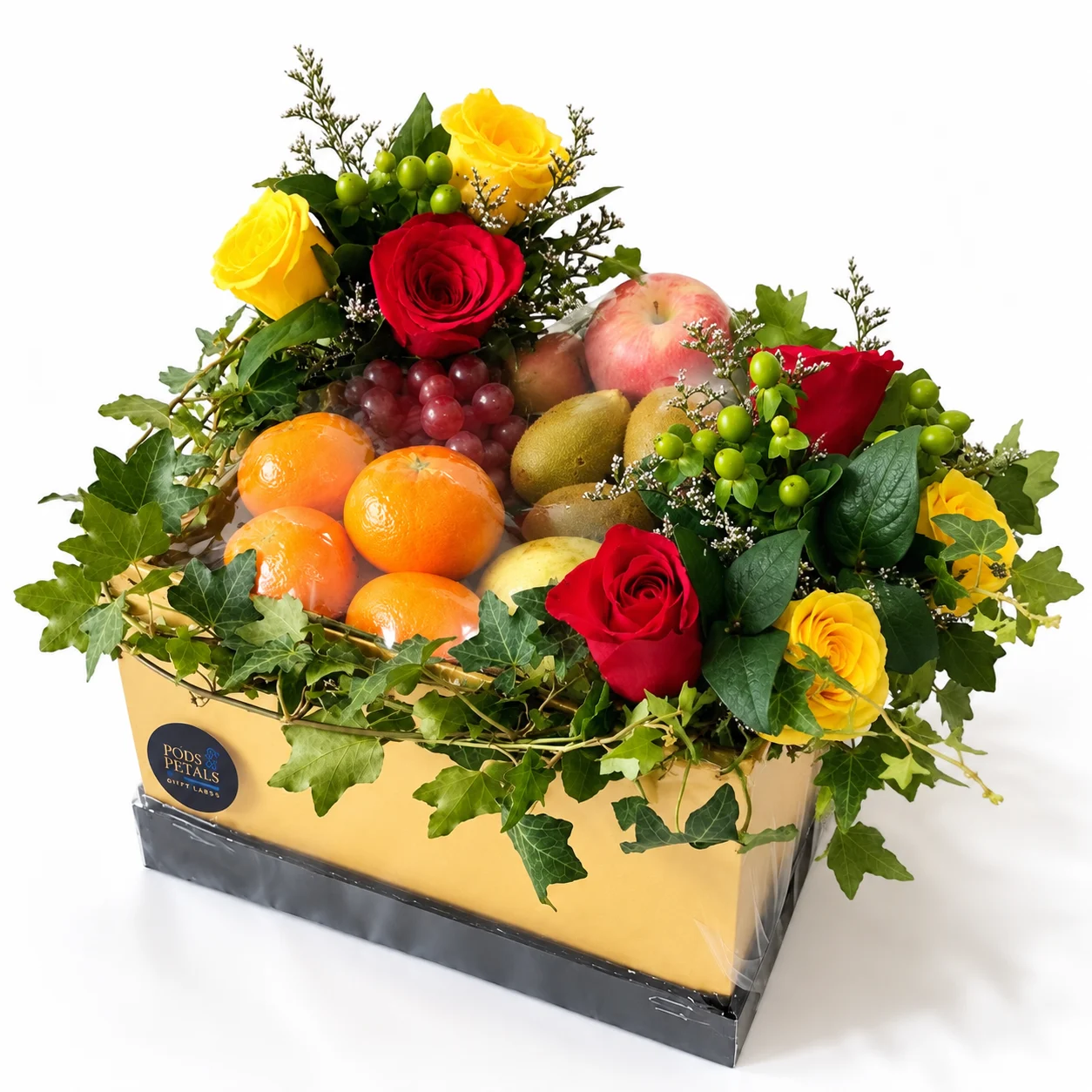 Fruity Bounty fresh fruit and flower gift box with red and yellow roses, grapes, apples, oranges and avocado