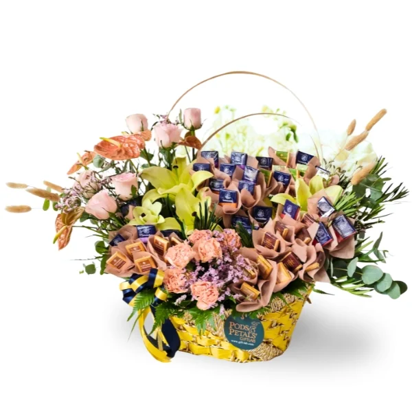 Rose Luxe Leonidas chocolate and flower bouquet with Belgian Napolitain chocolates