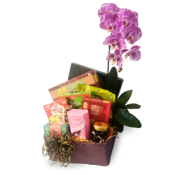 Selvam Deepavali Phalaenopsis Orchid vegetarian hamper with Lindt chocolate, honey and Indian festive treats