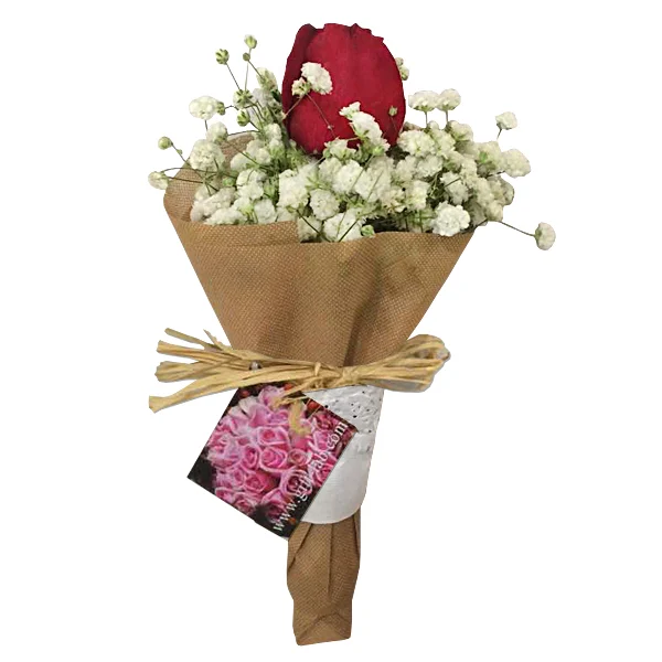 Single red rose flower posy with baby's breath
