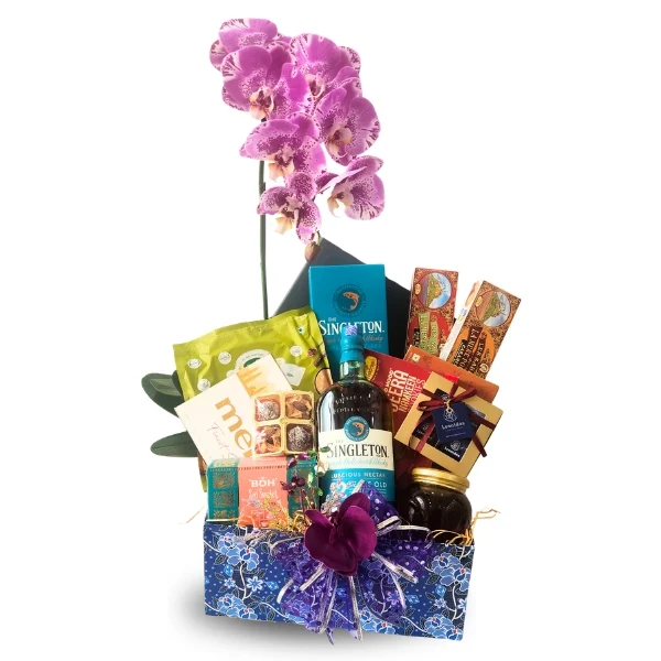 Thanmai Deepavali Singleton whisky hamper with live Phalaenopsis Orchid, Leonidas chocolates and gourmet festive treats