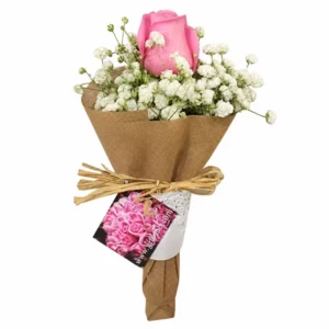 Single pink rose posy with white baby's breath. Delivery to PJ, Kuala Lumpur, Klang Valley, Malaysia.