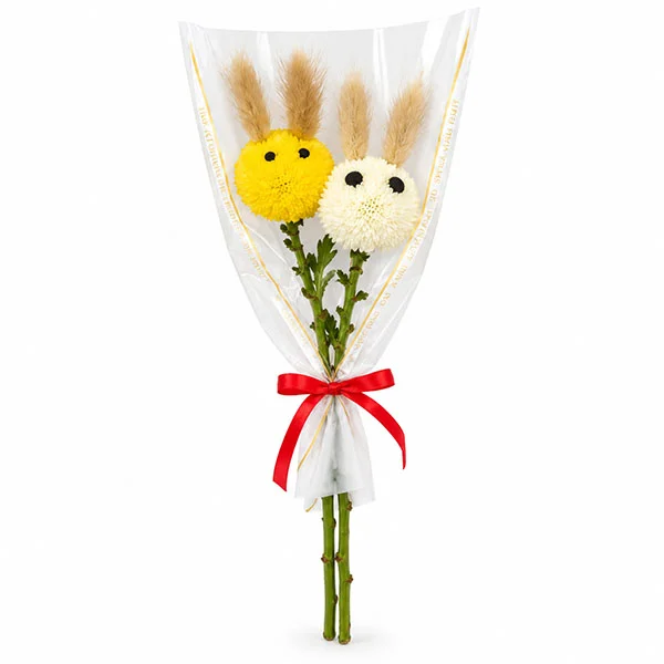 Yellow and white smiley face pom pom chrysanthemum posy with dried grass, clear wrapping and red ribbon