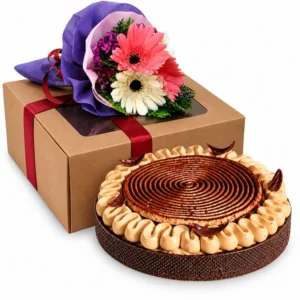 7-inch chocolate banana tart cake with Biscoff-style chocolate topping, presented with a flower bouquet and gift box
